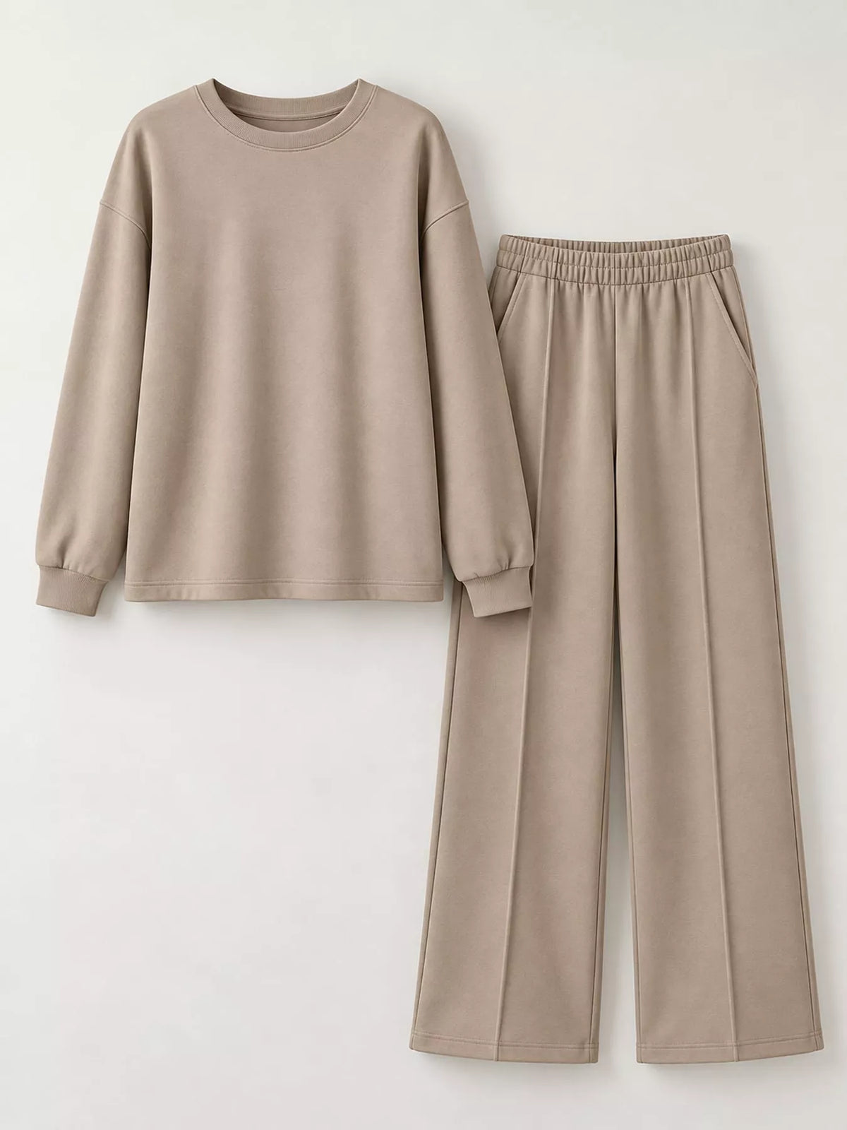 Taupe oversized sweatshirt and wide-leg pants set — front view