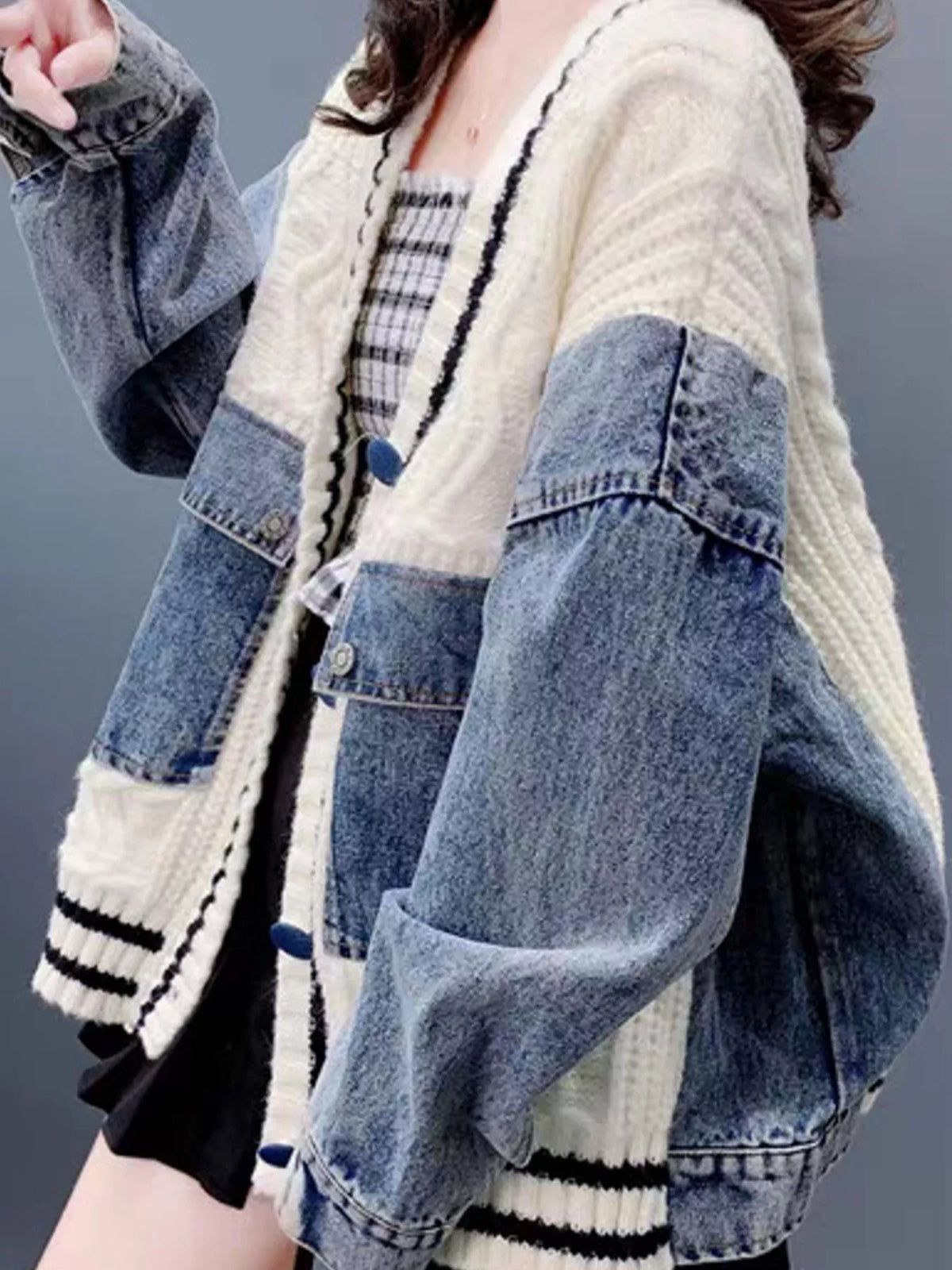 Contrast Denim Patchwork Cable Knit Cardigan, detail view in cream and blue