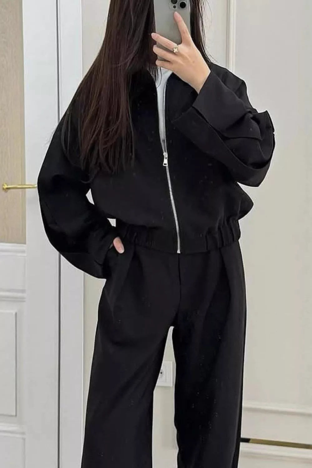 Trendsi Zip-Up Jacket and Wide-Leg Pants Set -
