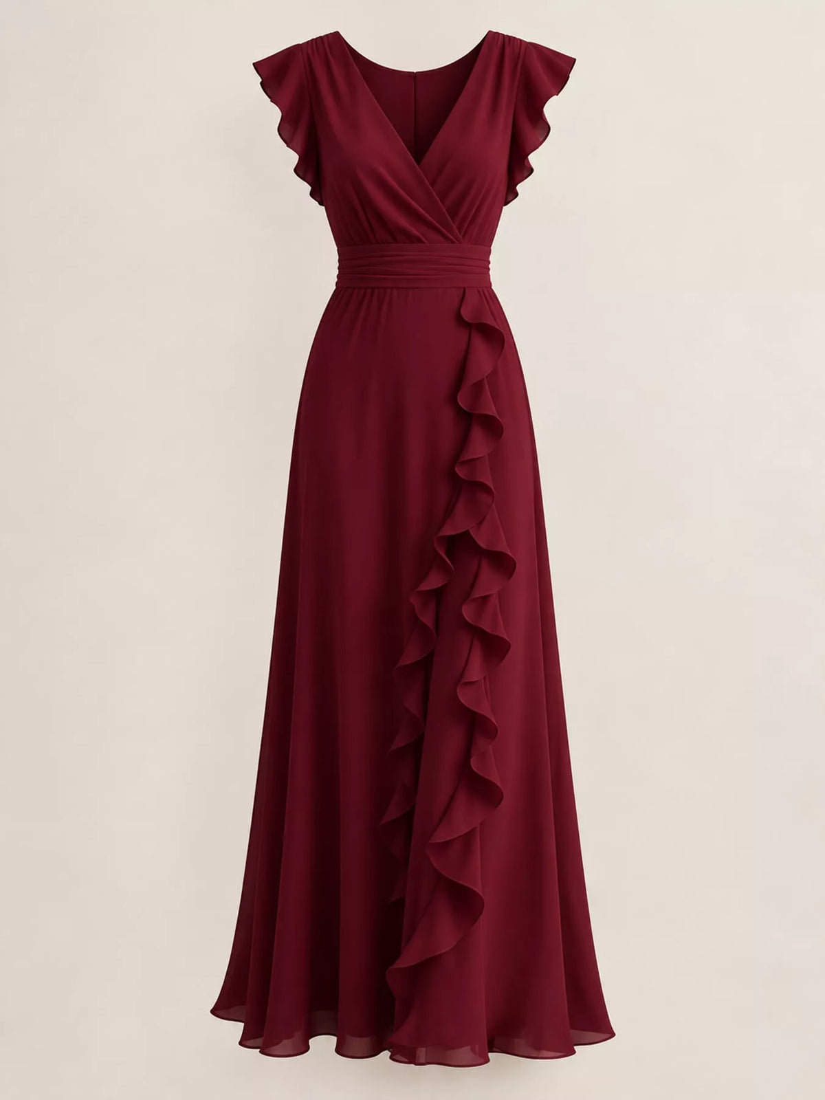 Burgundy ruffled surplice maxi dress, front product view