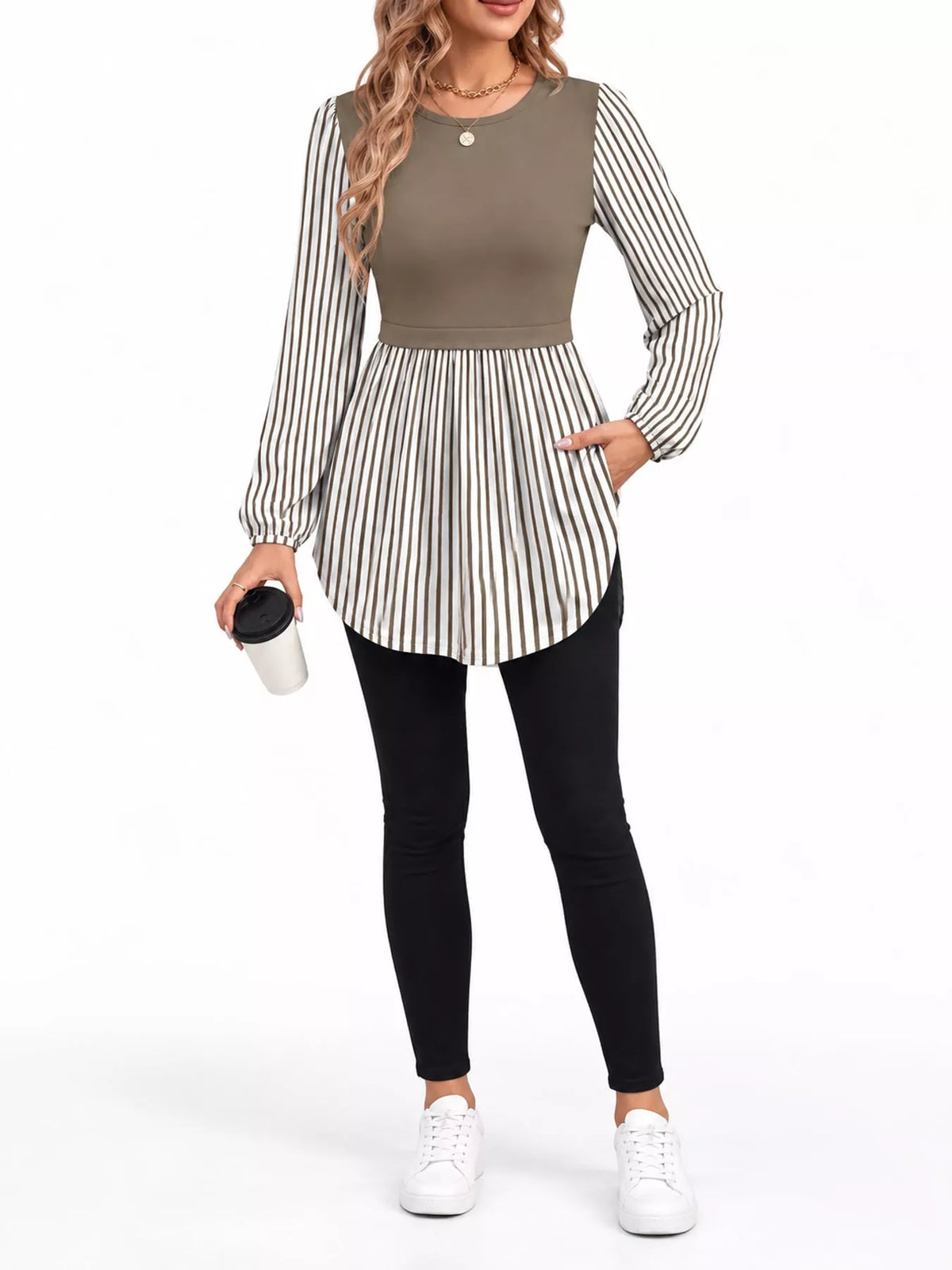 Contrast Panel Long Sleeve Tunic Blouse — front view