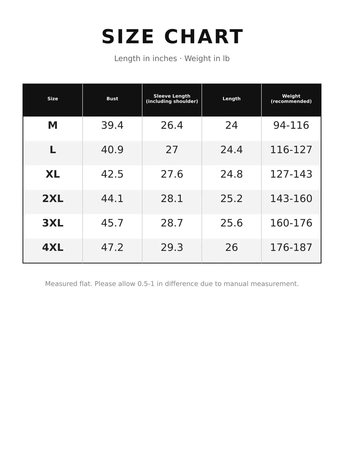Double Breasted Long Sleeve Jacket — size and measurement chart