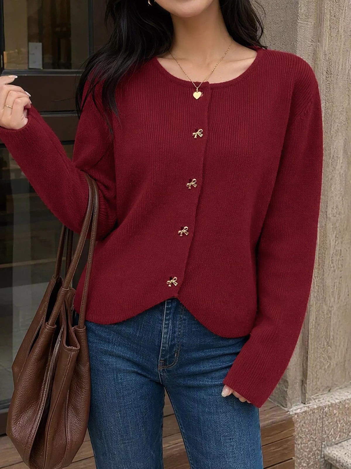 Bow button up knit cardigan