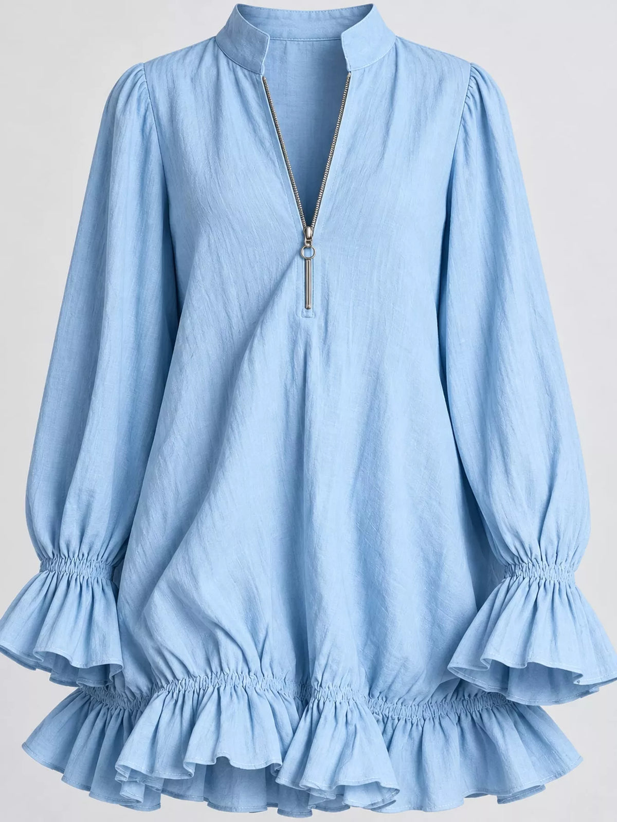 Ruffled-hem mini dress, blue ruffled cuff and hem