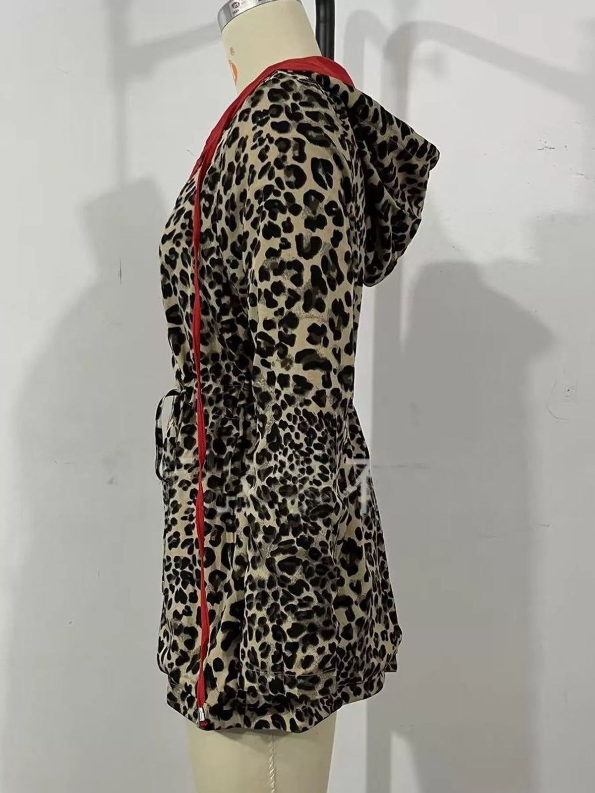 Red leopard print hooded drawstring-waist jacket, back view