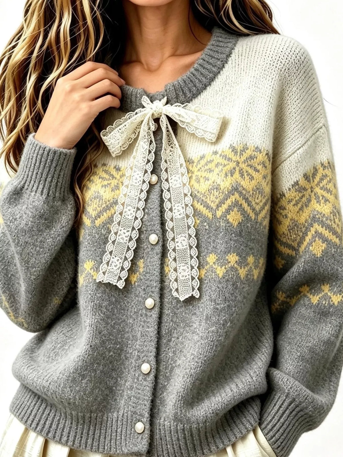 Gray and cream lace tie button-up cardigan, bow, button front, patterned yoke, and ribbed trim