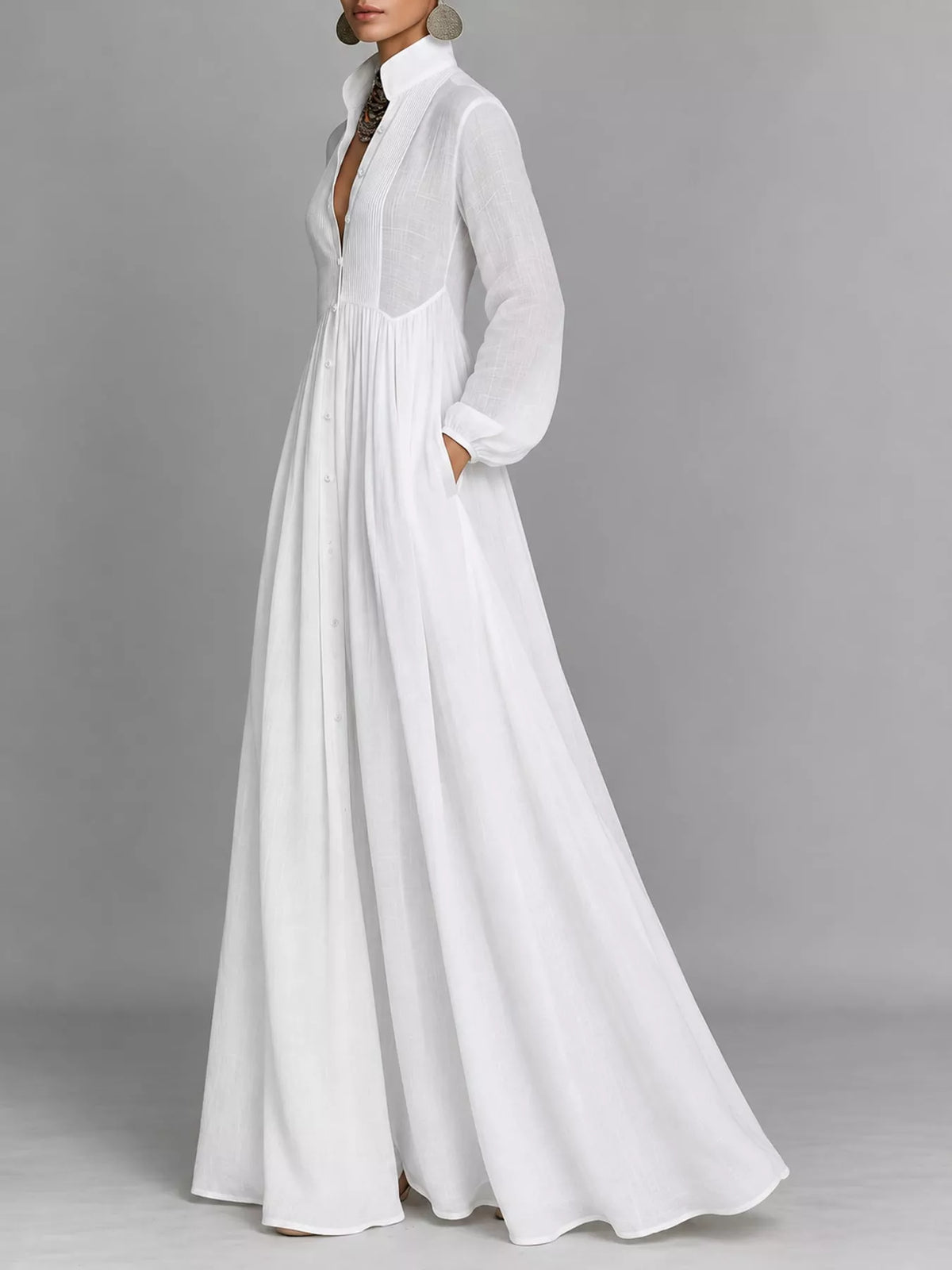 White long sleeve button-front maxi dress