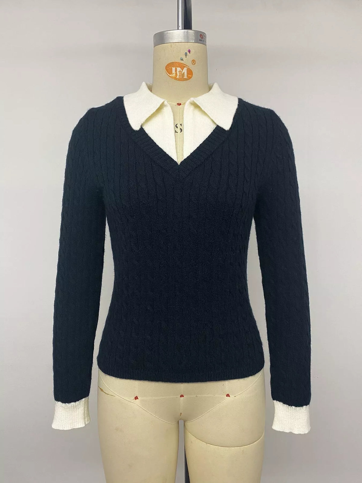 Trendsi Cable Knit Contrast Collar Sweater -