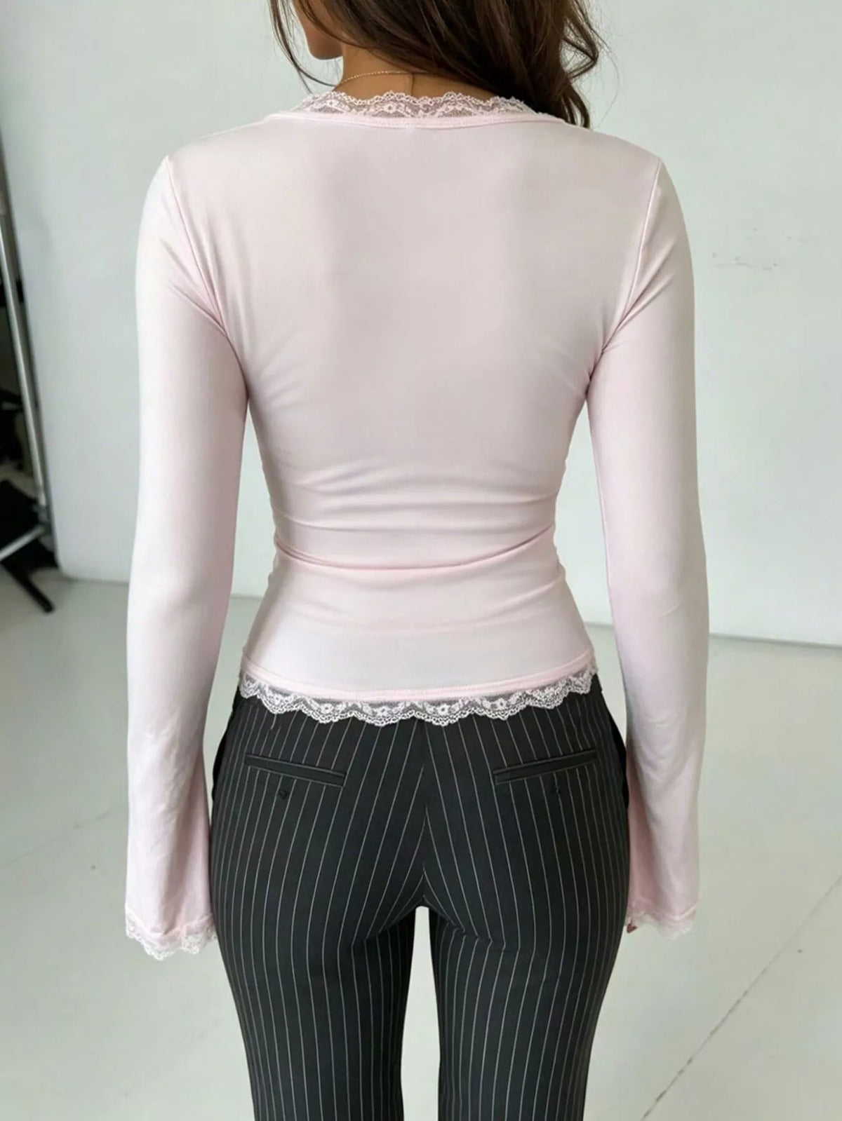 Lace-Trimmed V-Neck Long Sleeve T-Shirt, back view