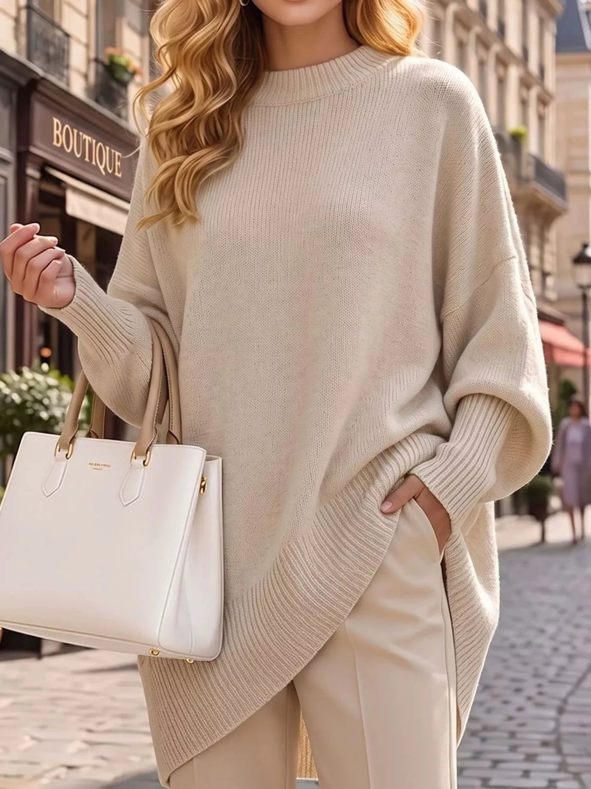 Ribbed Knit Dropped Shoulder Sweater in light apricot