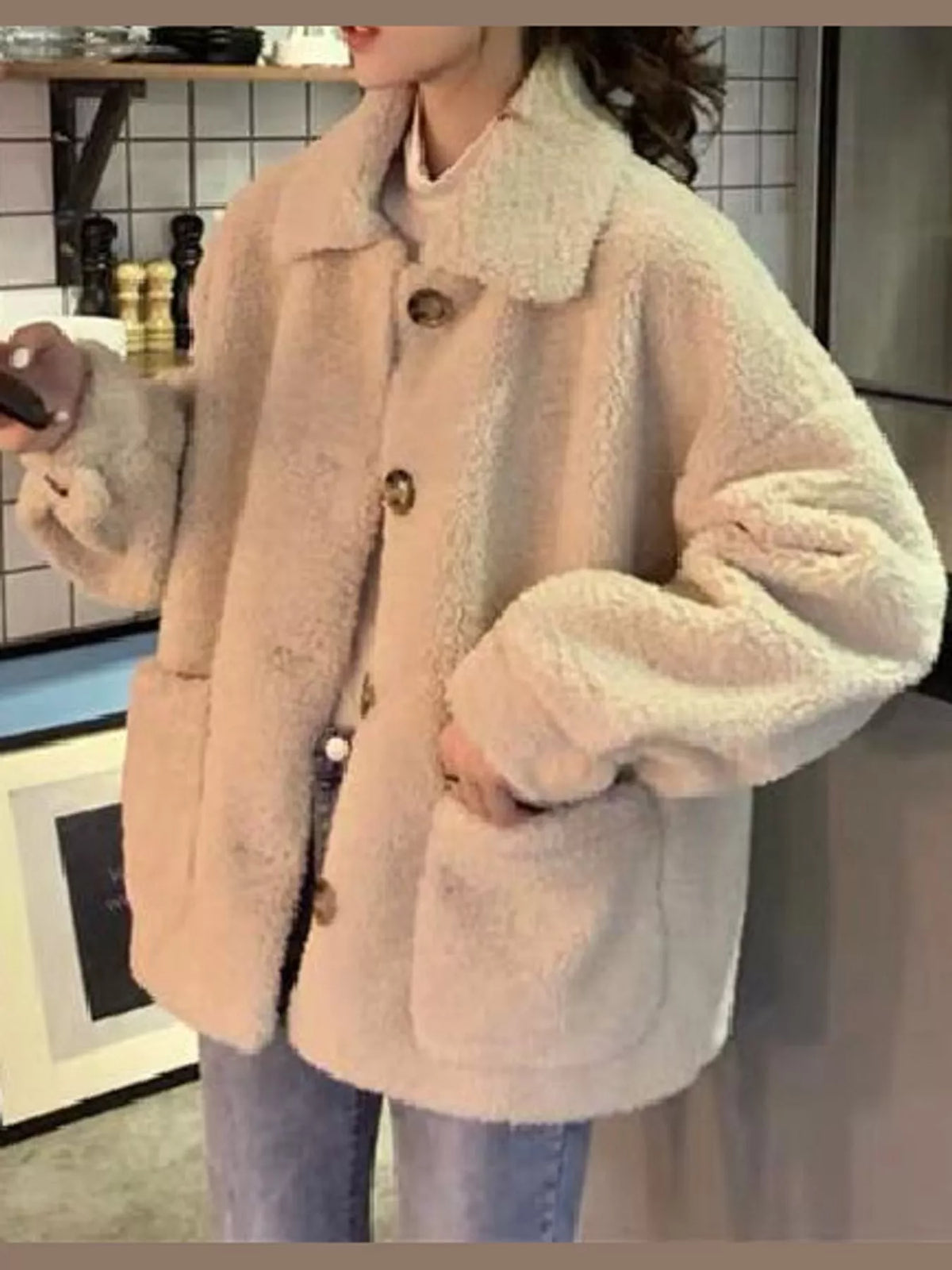 Beige button-down teddy jacket — front view