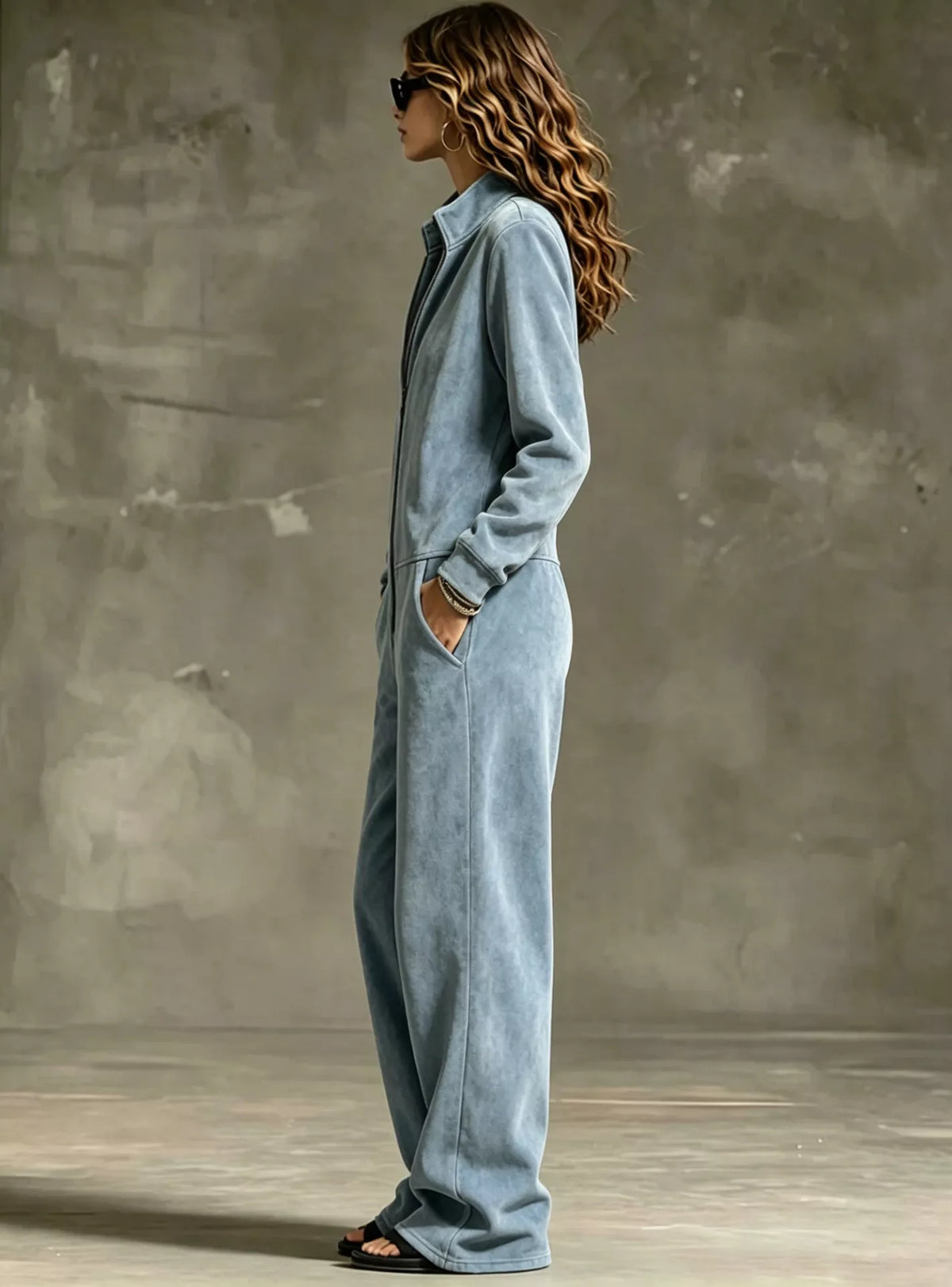 Velour Zip-Up Jumpsuit with Pockets, side view