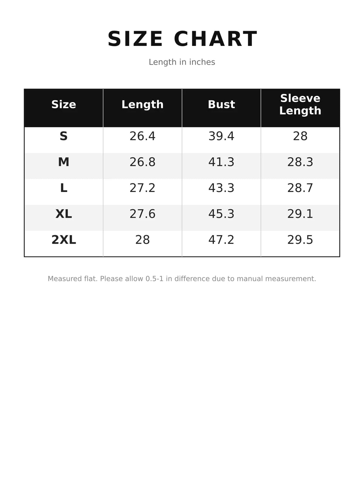 Size chart for crew neck raglan sleeve sweatshirt