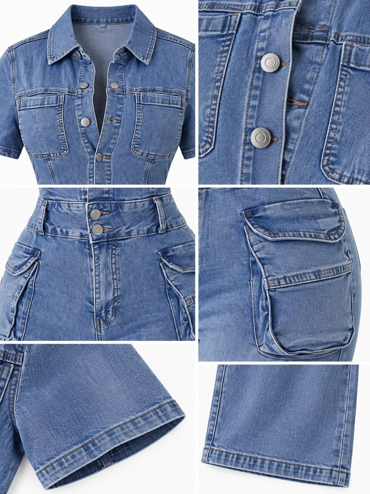 Blue flared denim cargo jumpsuit, collar, buttons, pockets, and leg hems