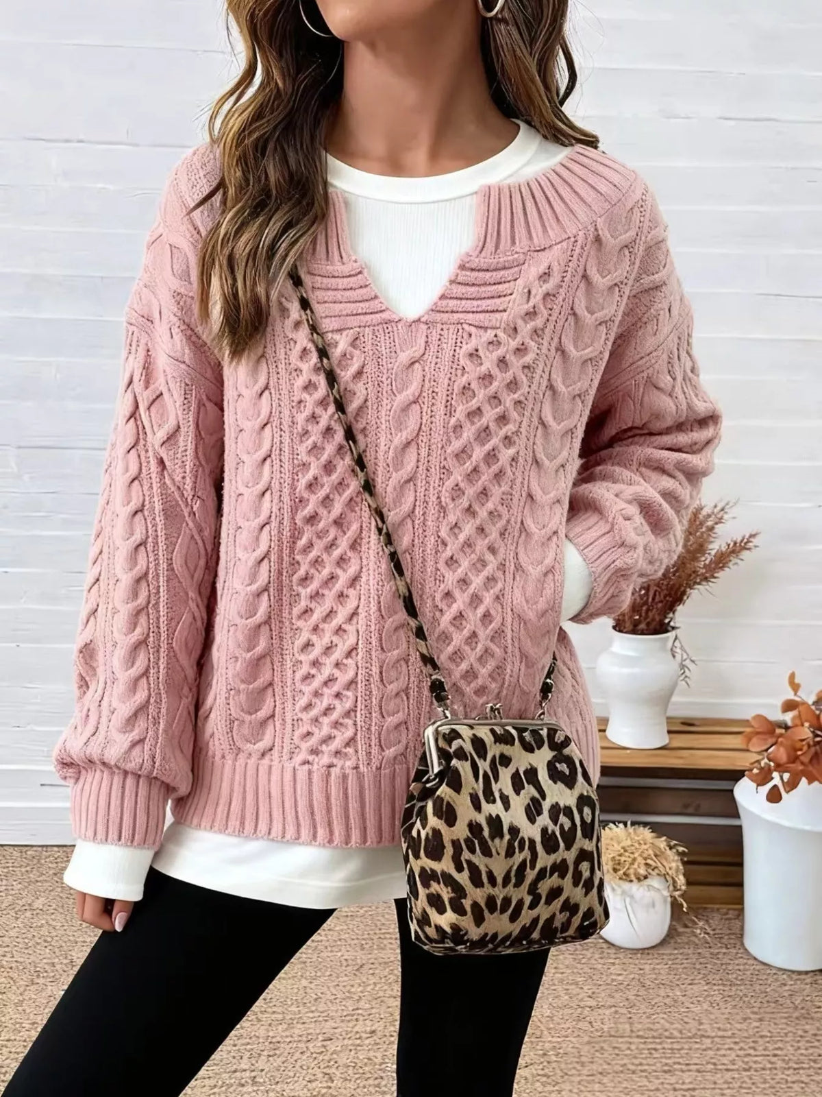 Pink Cable Knit Dropped Shoulder Sweater front view