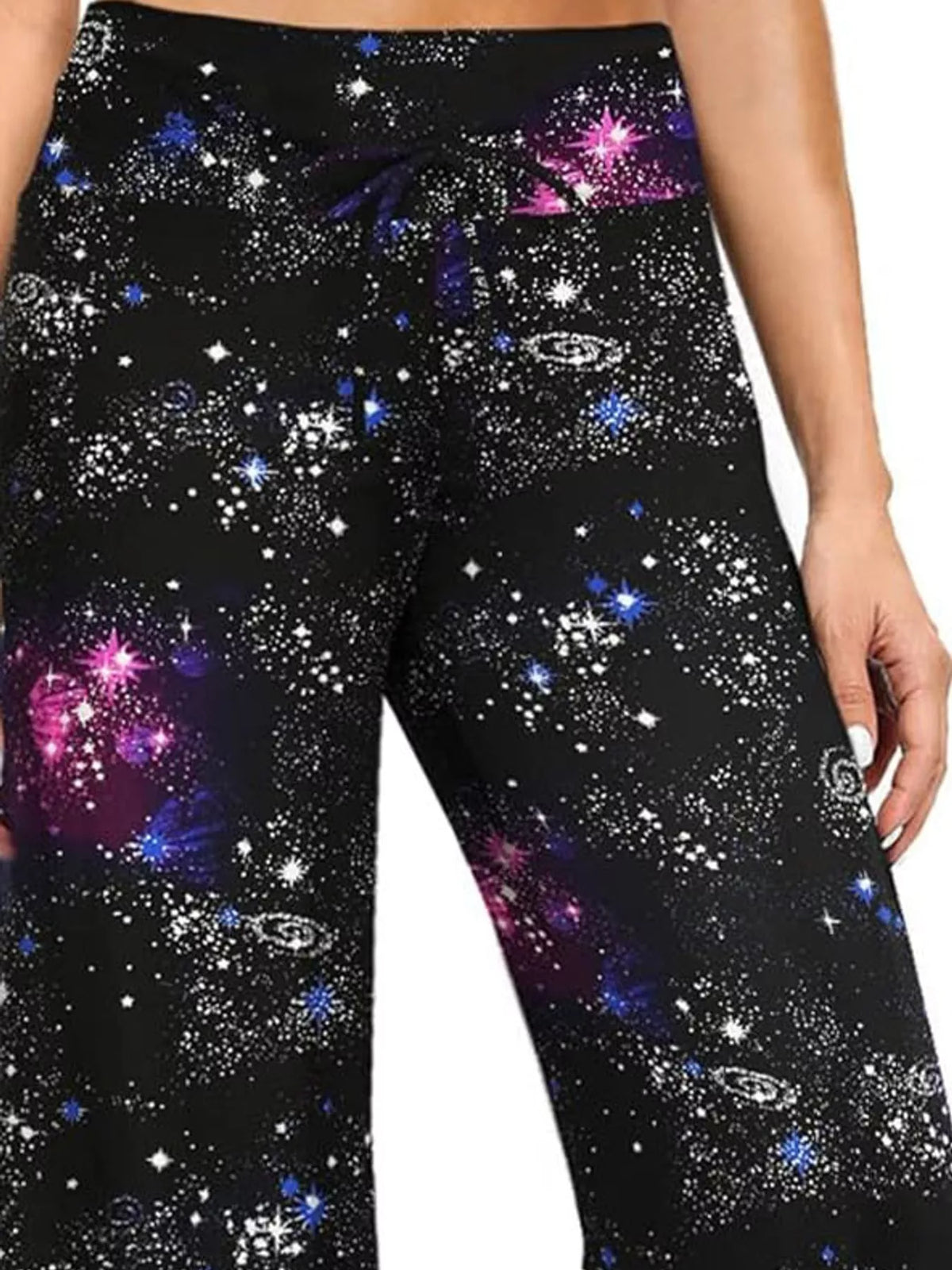 Black galaxy print drawstring wide-leg pants — design and construction details