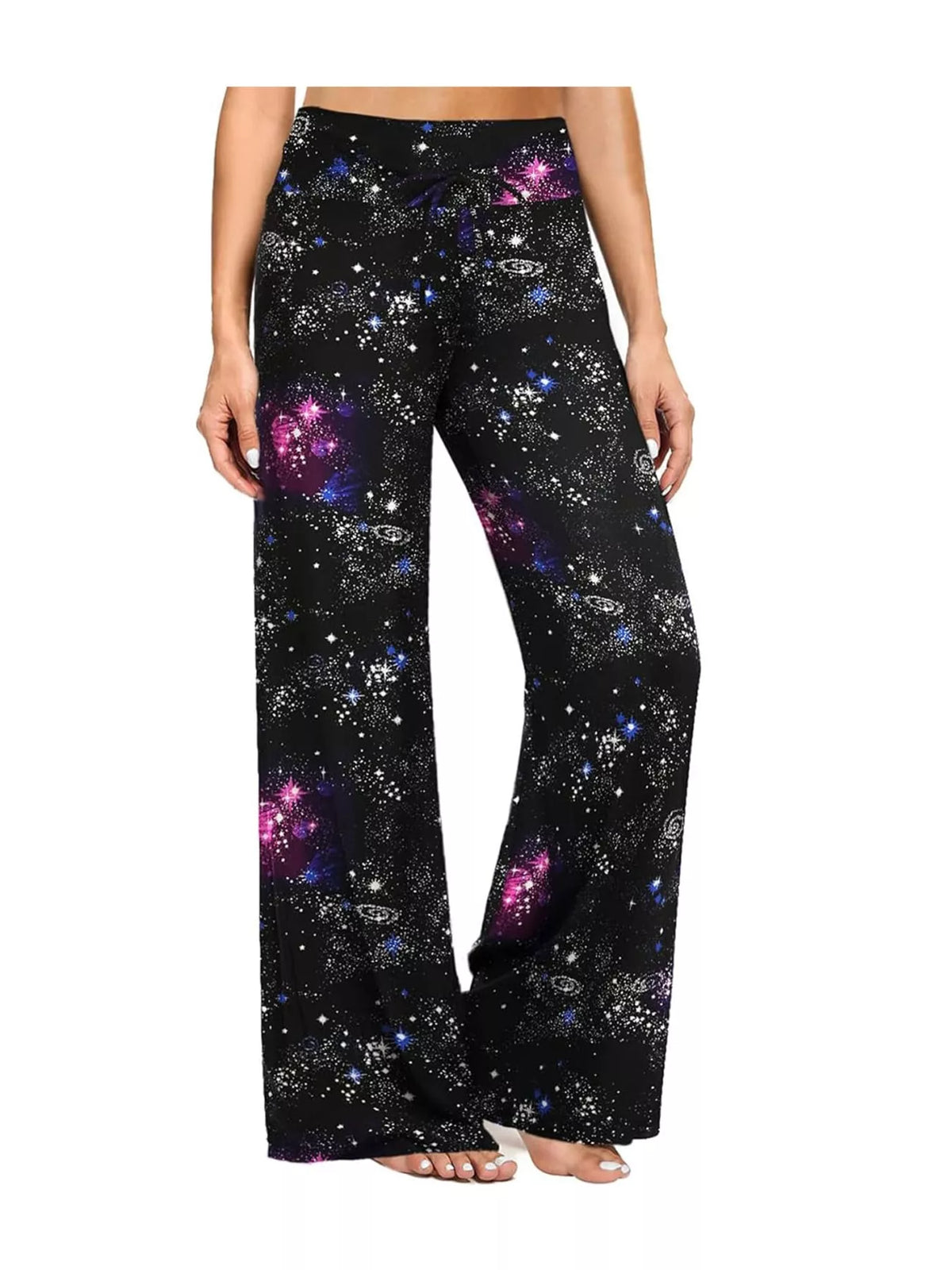 Black galaxy print drawstring wide-leg pants — front view