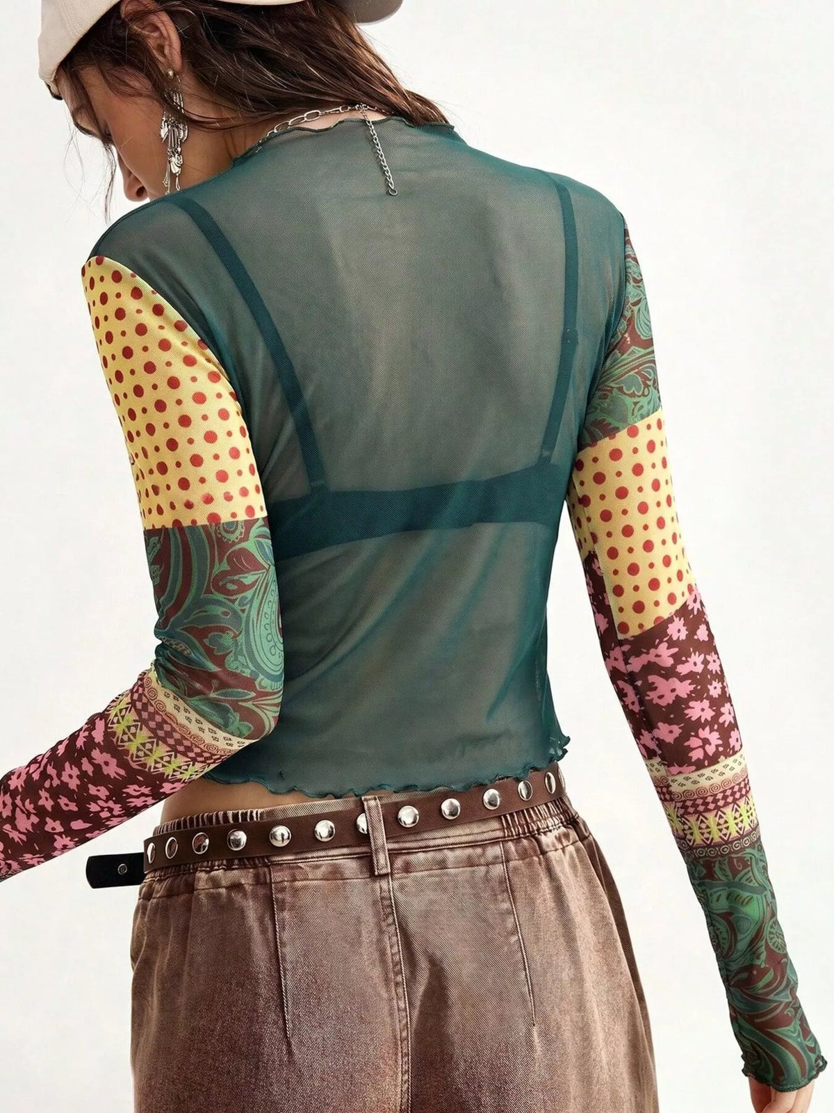 Trendsi Floral Print Mesh Mock Neck Long Sleeve Top -