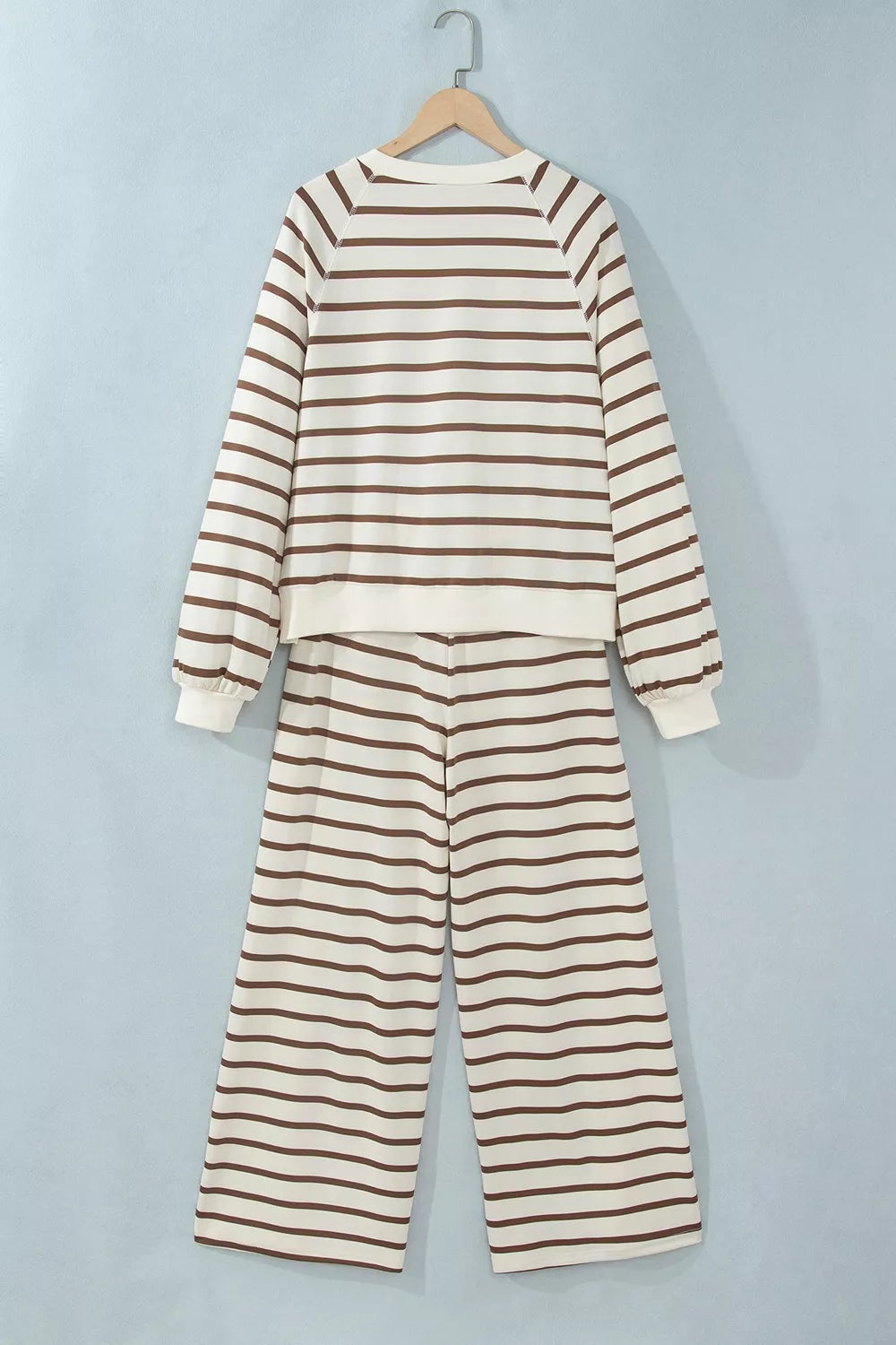 Beige striped long sleeve top and drawstring pants set, back view