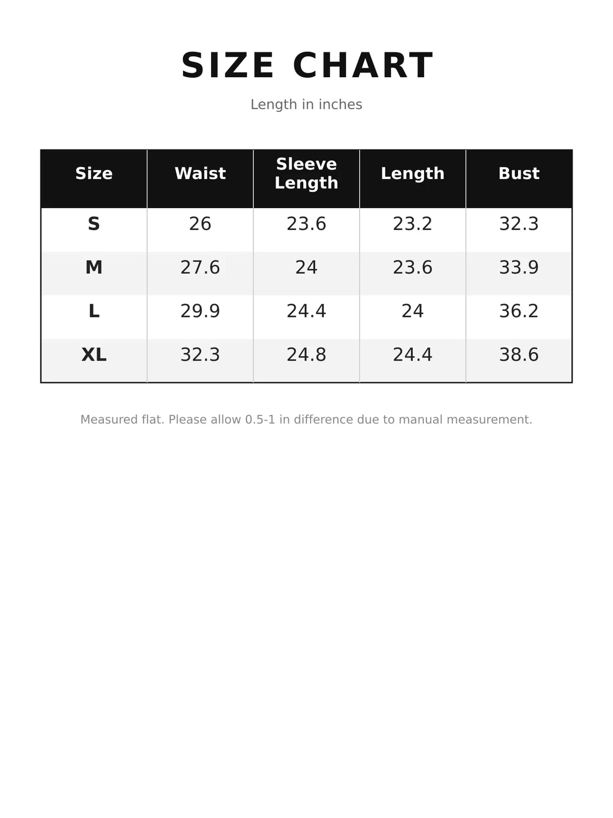 Collared long sleeve t-shirt, size and measurement chart