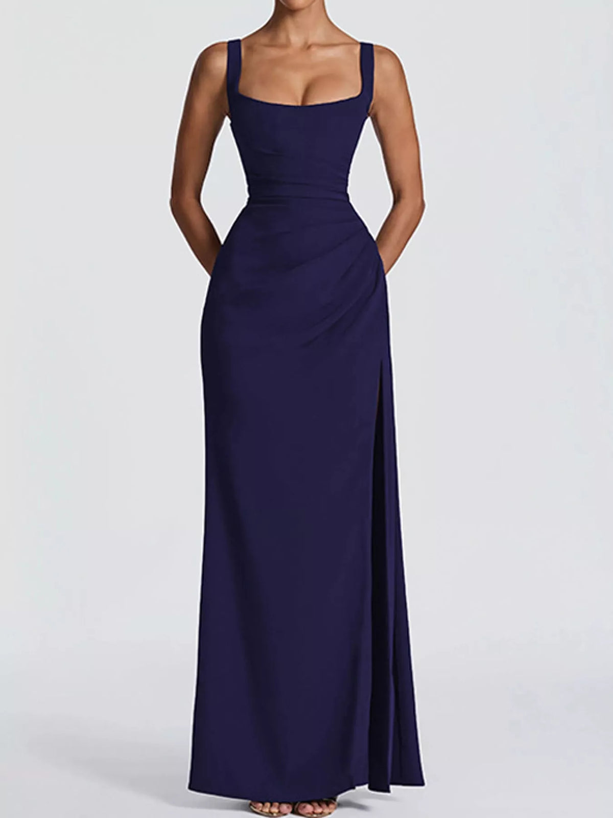 Women's Sleeveless High-Slit Evening Maxi Dress in navy — front view
