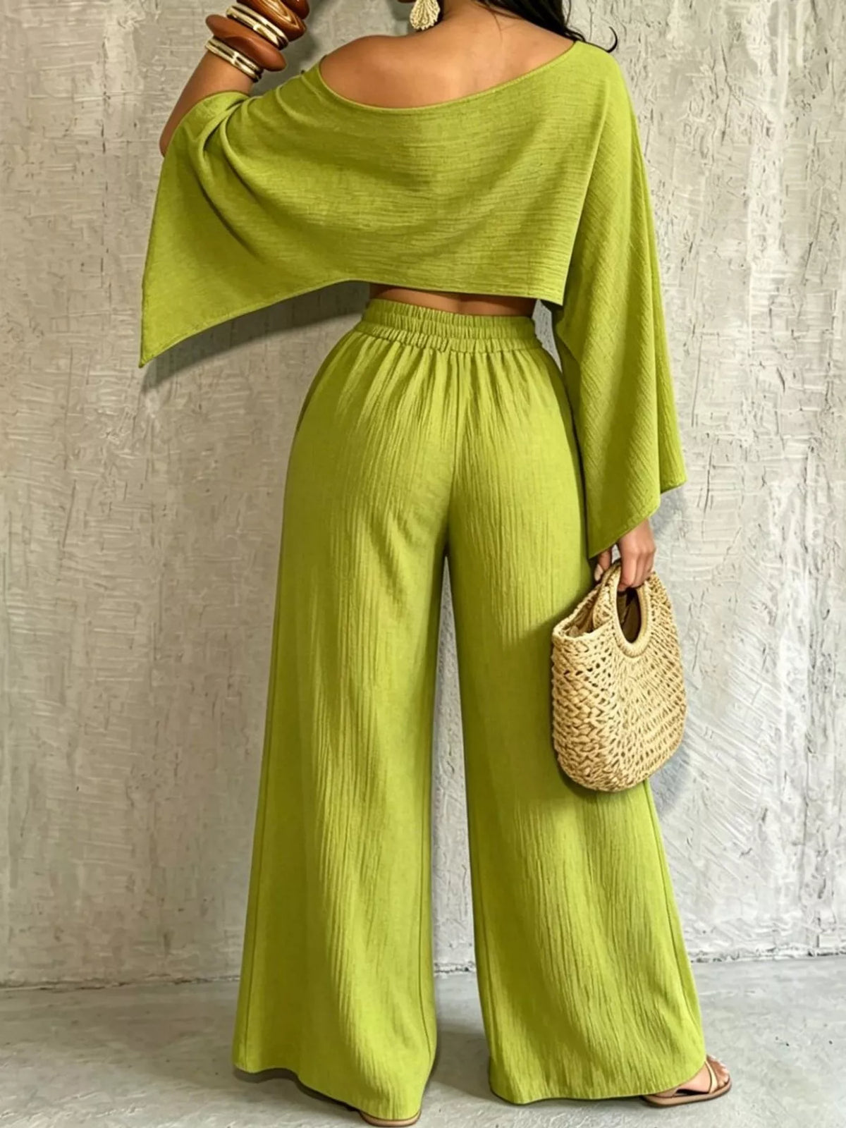 Women's Boat Neck Crop Top and Wide-Leg Pants Set in lime — front view
