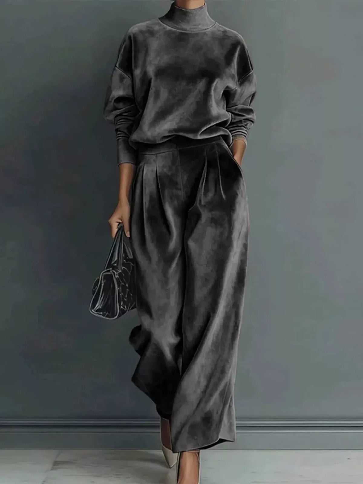 Dark gray velvet mock neck top and wide-leg pants set