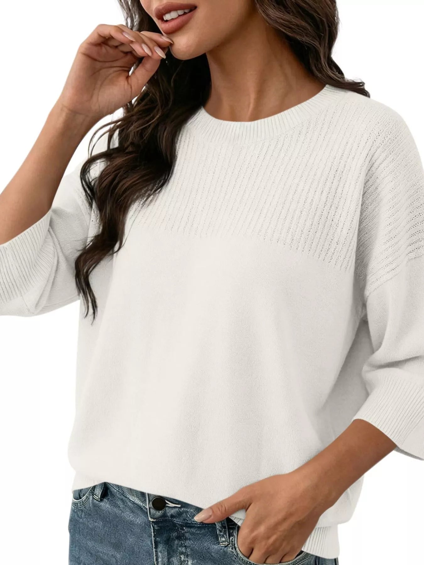 Trendsi Elegant Crew Neck Eyelet Ribbed Sweater -