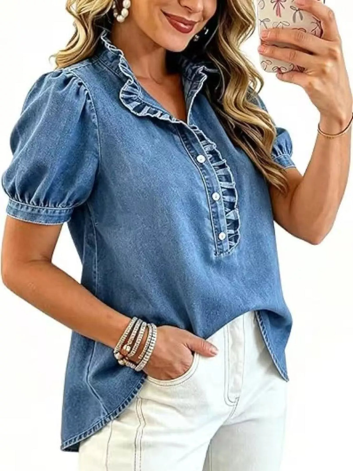 Trendsi Frill Puff Sleeve Denim Top -