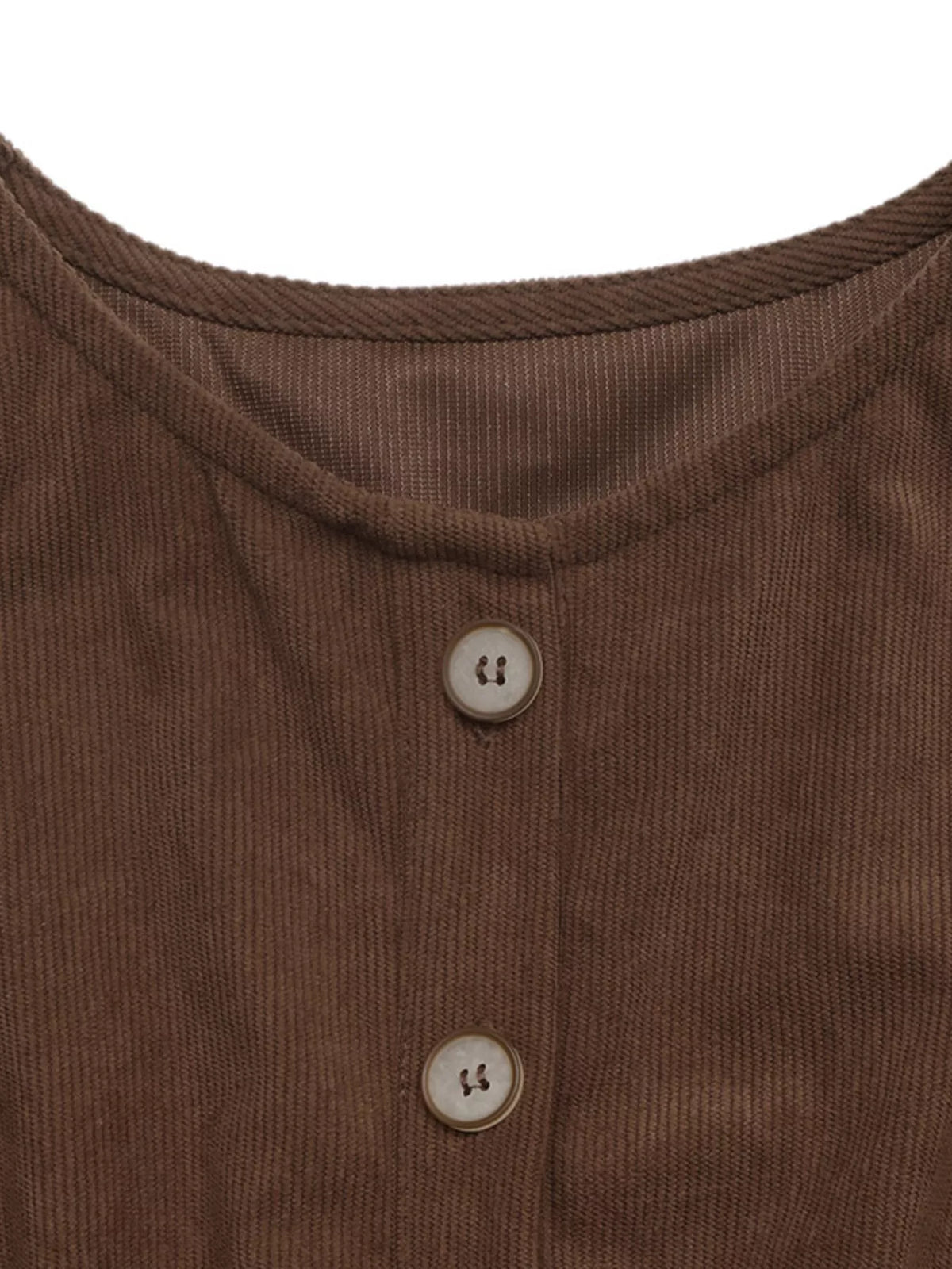 Brown corduroy button-down maxi dress, round neckline detail
