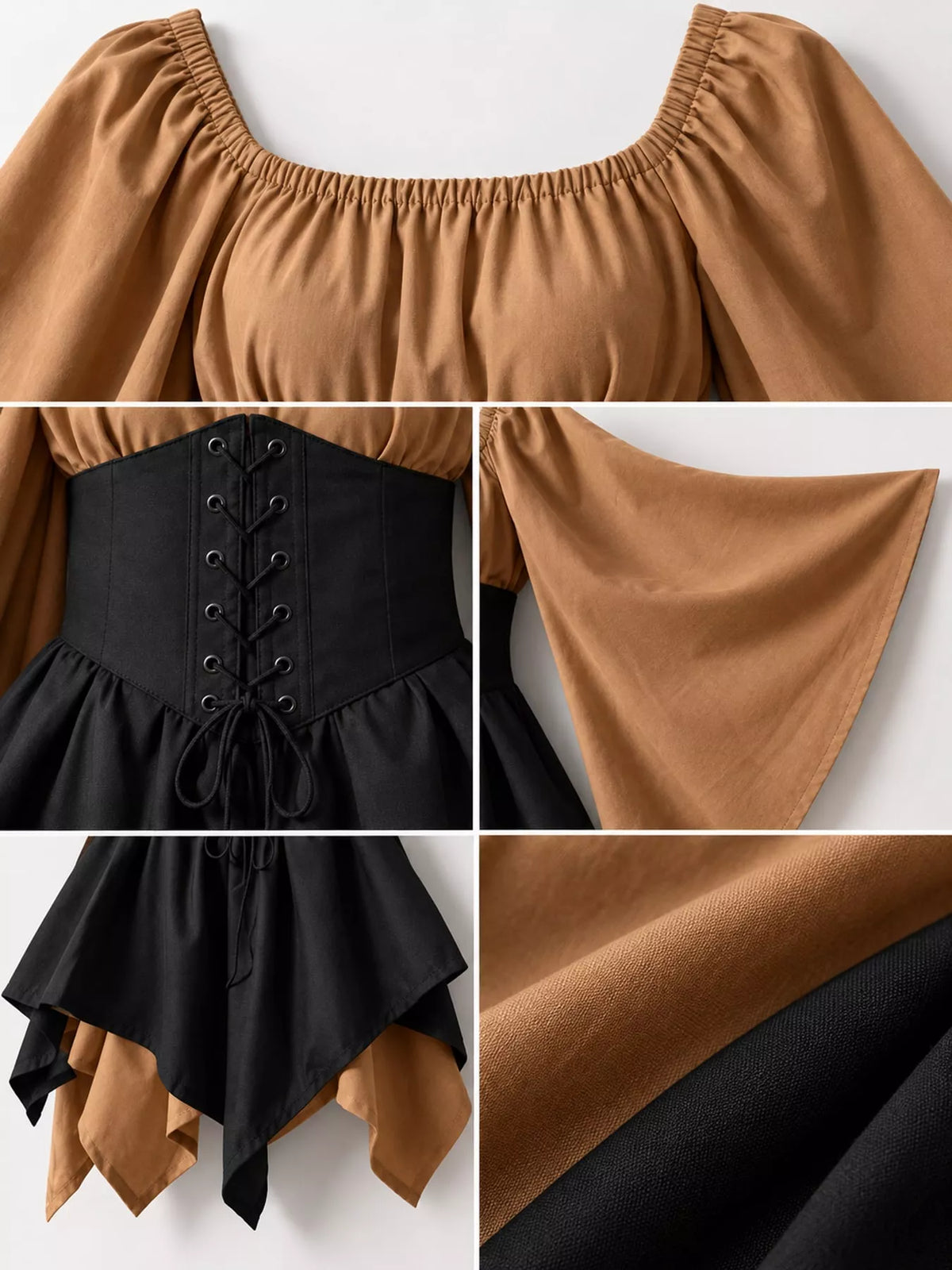 Lace-up asymmetric dress, tan black lace up bodice detail