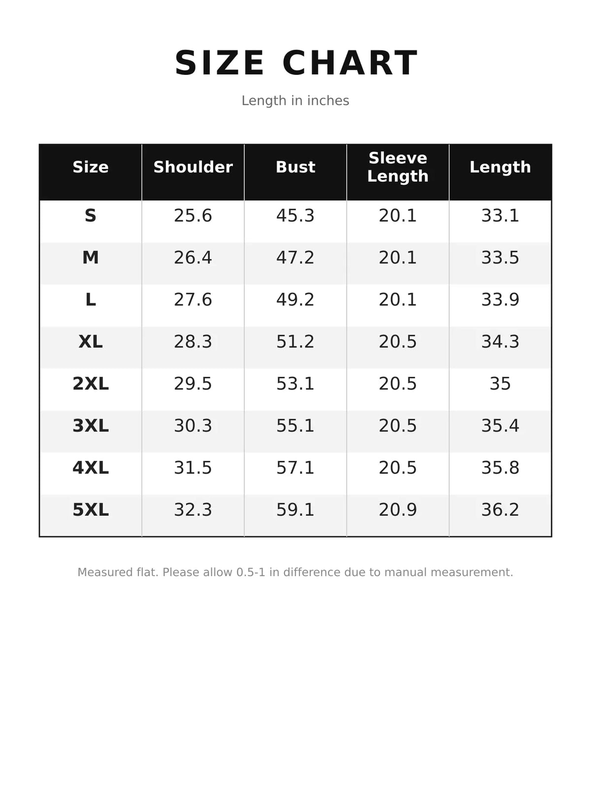 Size chart for relaxed sweatshirt