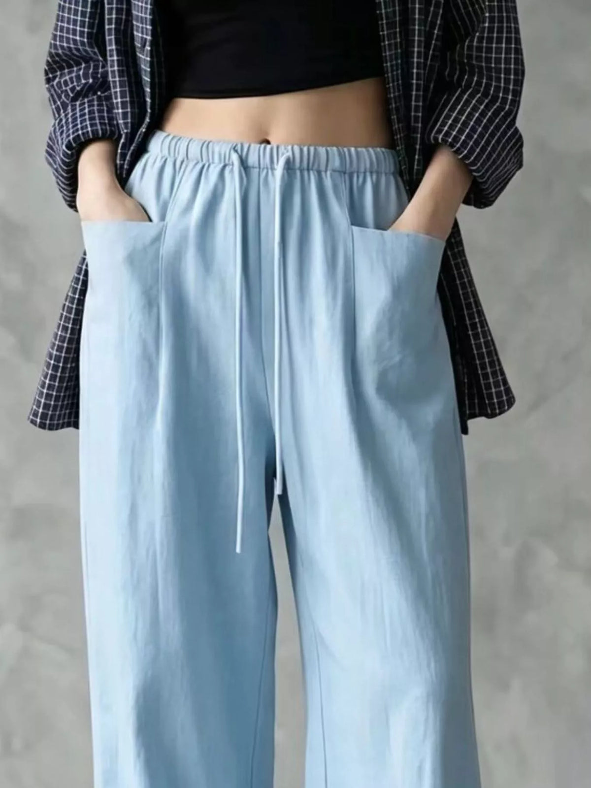 Women's Drawstring Wide-Leg Casual Pants in light blue — waist detail view