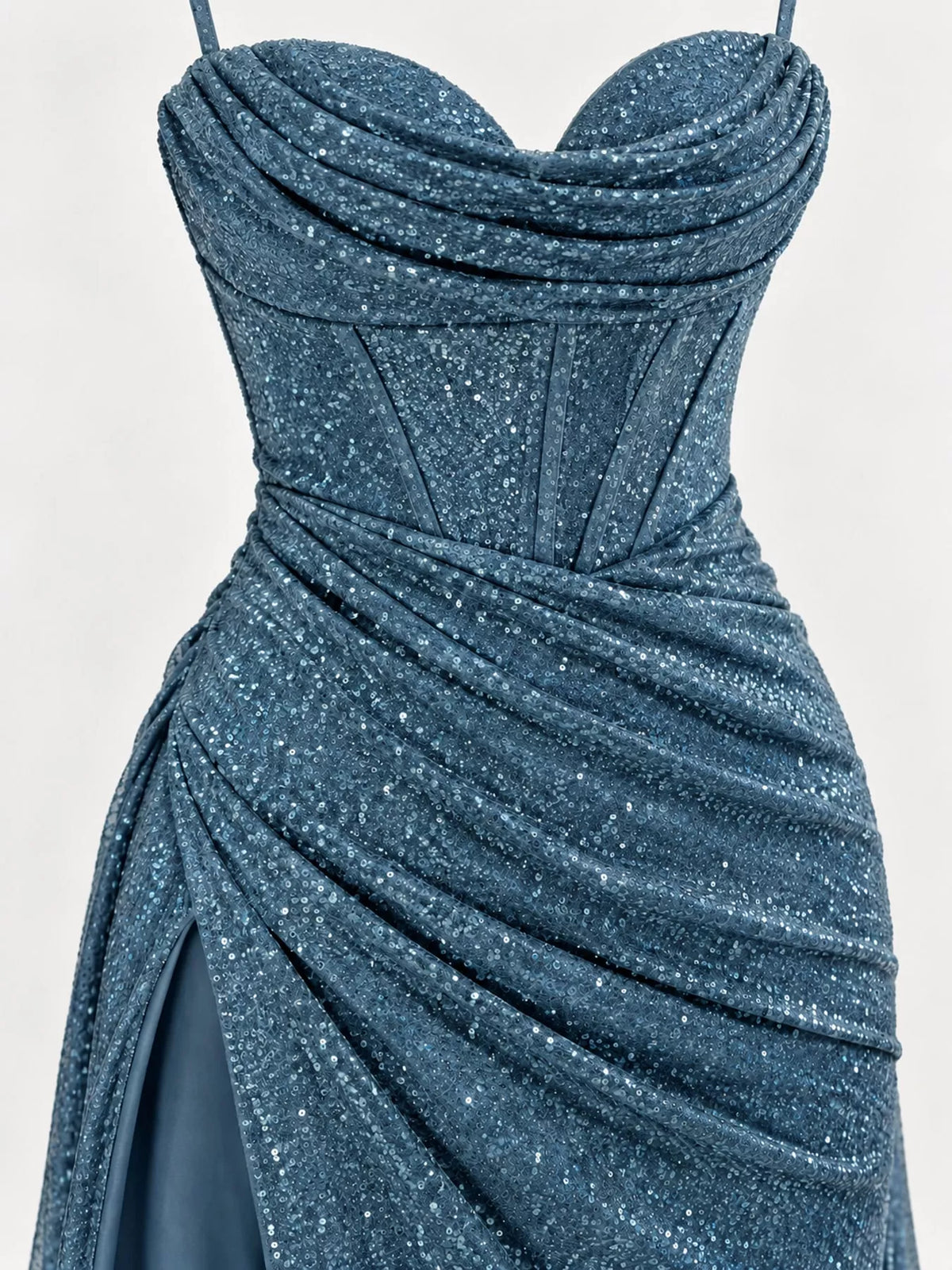 Blue high-slit glitter maxi evening dress — design and construction details
