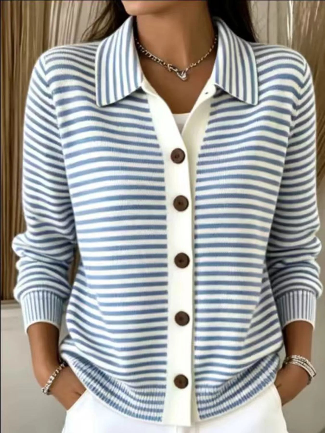 Trendsi Striped Collared Button-Down Knit Cardigan -