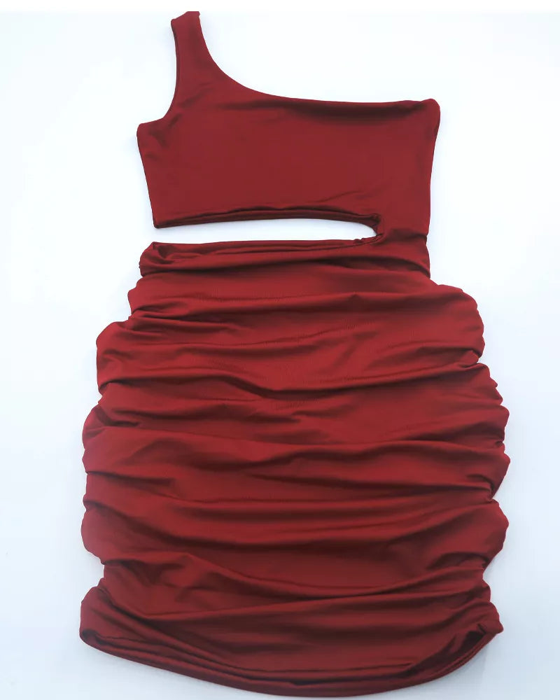 One-shoulder cutout dress, burgundy flat lay front