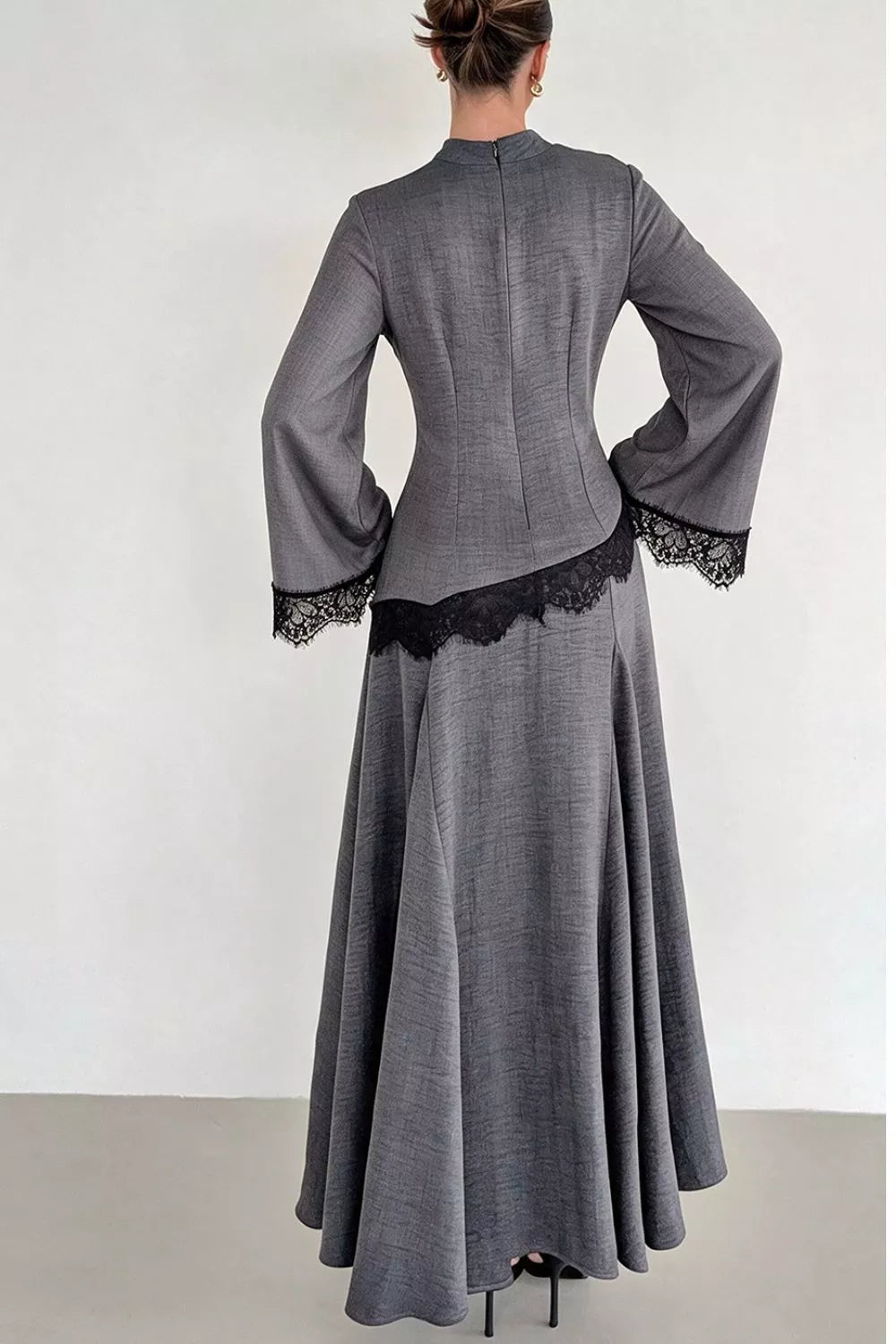 Lace-trim mock-neck top and skirt set