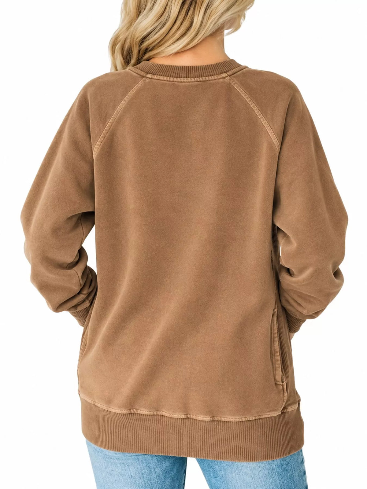 Brown crew neck raglan sleeve sweatshirt, back view