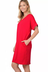 Trendsi Zenana Brushed Dty Rolled Short Sleeve V-Neck Dress -