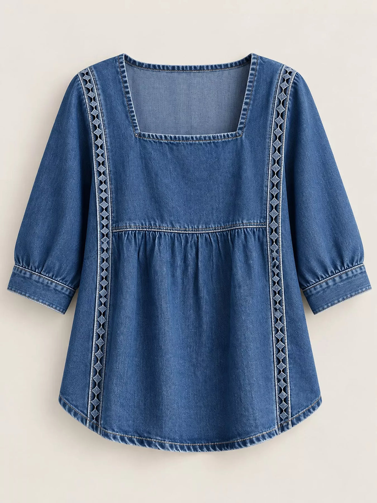 Navy square neck embroidered denim blouse