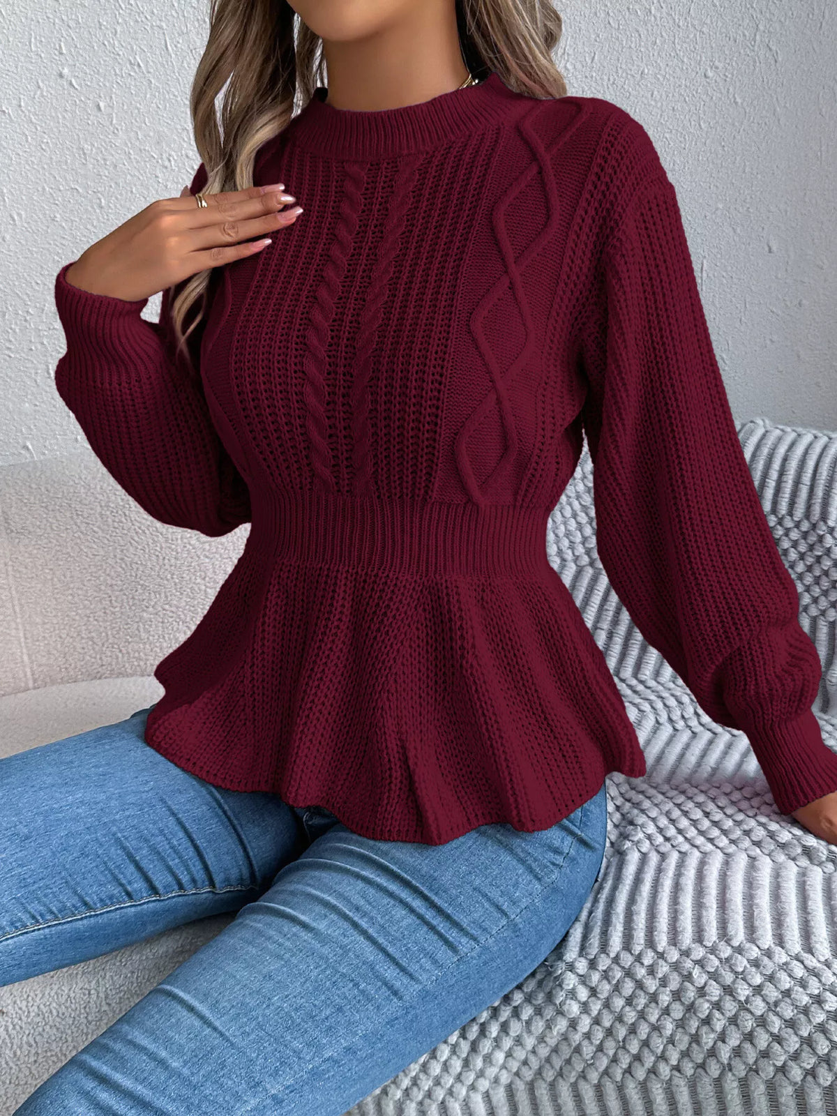 Cable Knit Peplum Sweater in burgundy, front view