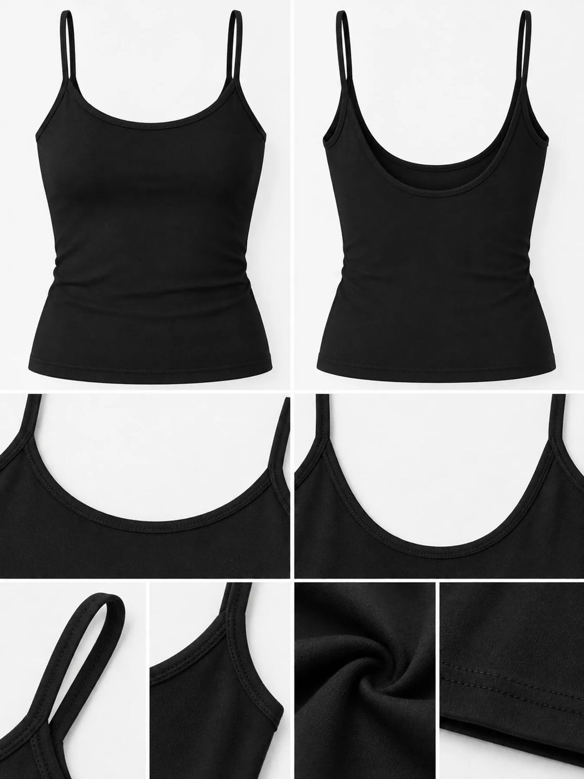 Black slim fit scoop neck cami, detail view