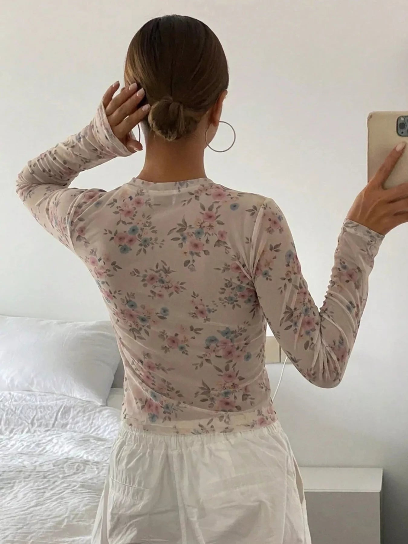 Trendsi Sheer Floral Print Long Sleeve T-Shirt -