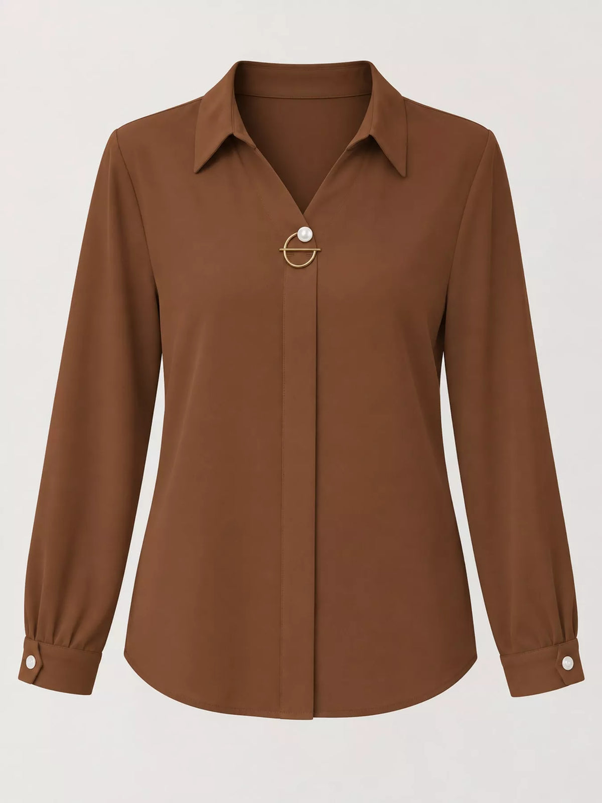 Women's Collared Clasp Detail Long Sleeve Satin Blouse in brown — flat lay view