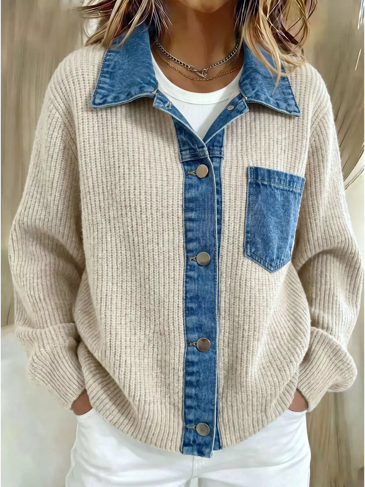 Beige Denim Trim Button-Up Cardigan front view