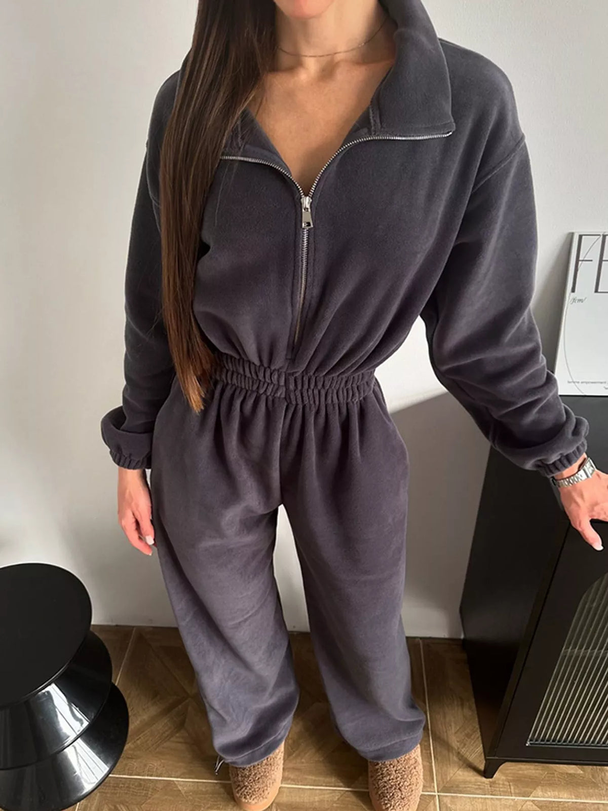 Zip Front Long Sleeve Jumpsuit — front view