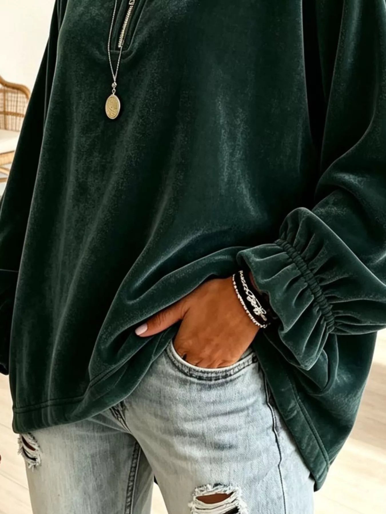 Trendsi Velvet Quarter-Zip Sweatshirt with Ruffled Cuffs -