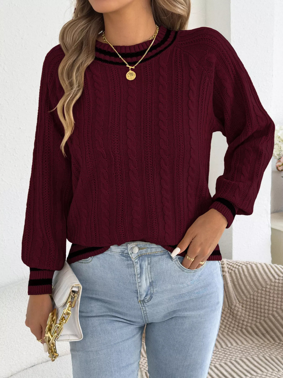 Burgundy striped trim cable knit sweater