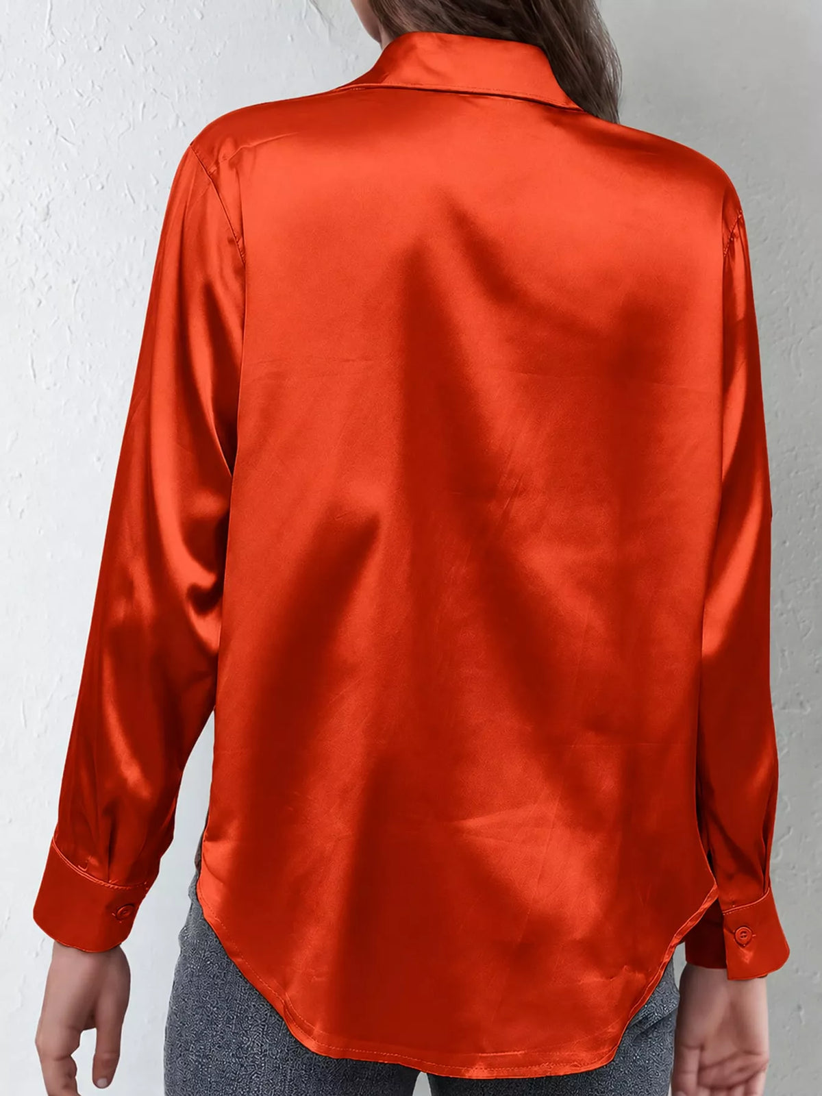 Orange satin button-down long sleeve shirt, back view