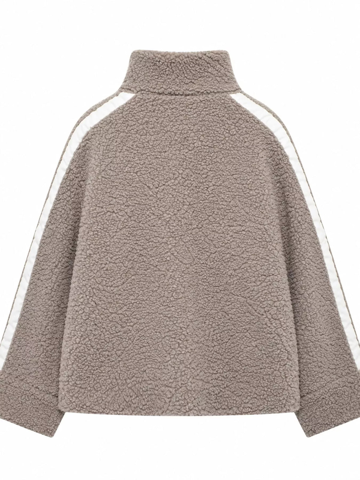 Taupe sherpa zip-up jacket, back view